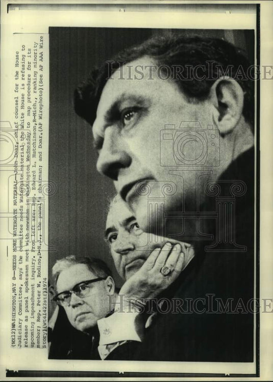 1974, House Judiciary Committee meet with press regarding Watergate - Historic Images