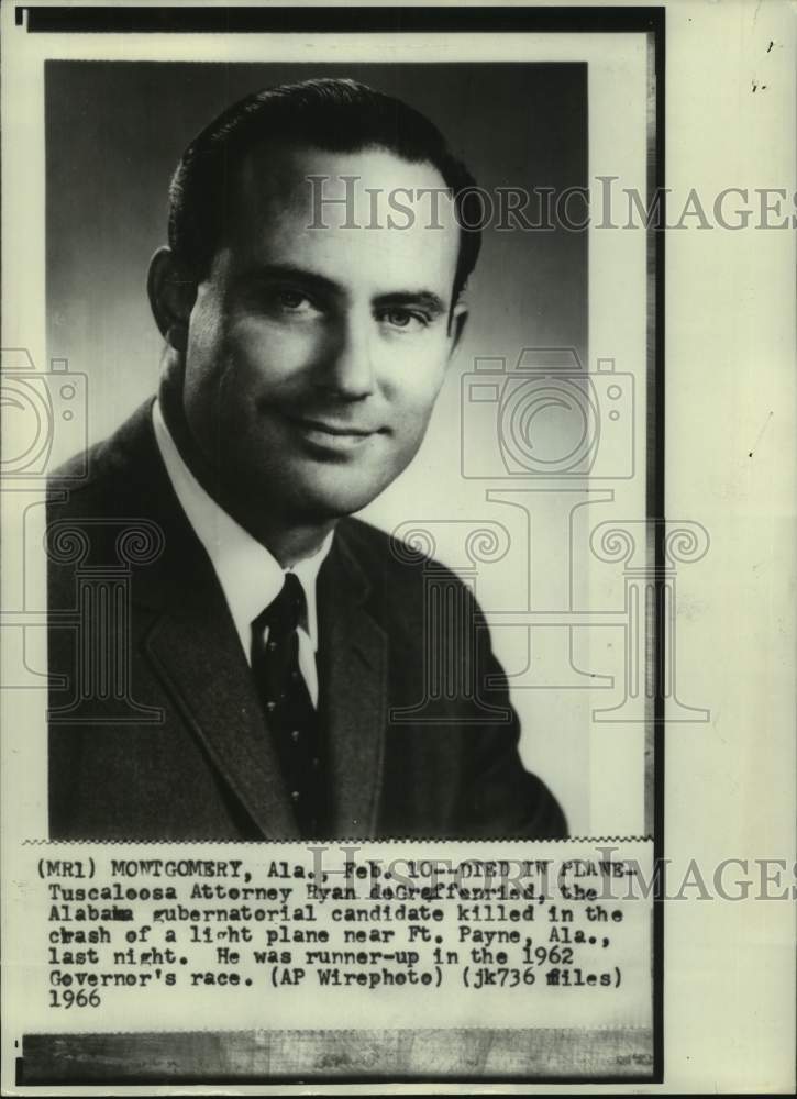 1966 Press Photo Tuscaloosa Attorney and Politician Ryan DeGraffenreid - Historic Images