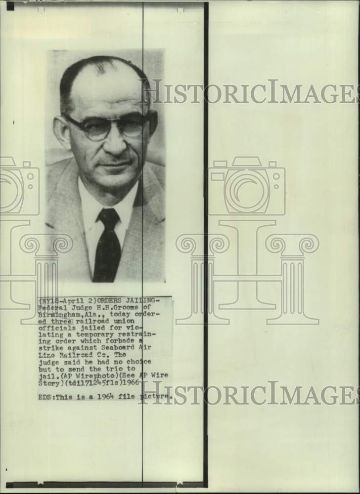 1964 Press Photo Federal Judge H.H. Grooms of Birmingham, Alabama - abna44271 - Historic Images
