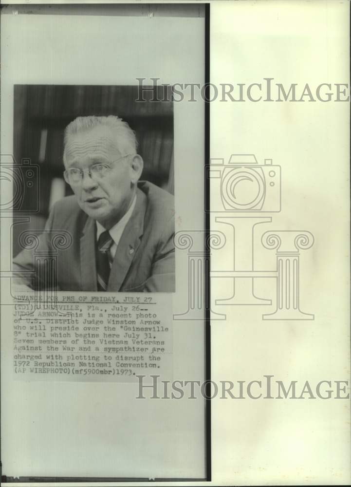 1973 Press Photo U.S. District Judge Winston Arnow, To Lead Gainesville 8 Trial - Historic Images