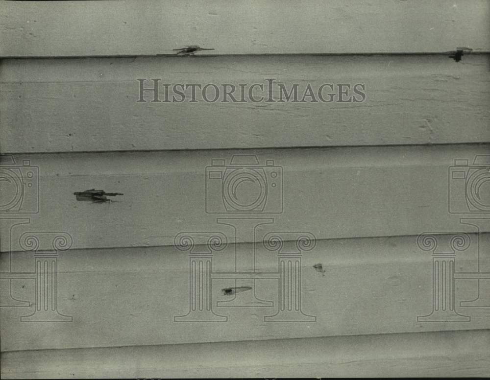 1969, Closeup, house riddled with bullets, Charles Haywood murder - Historic Images