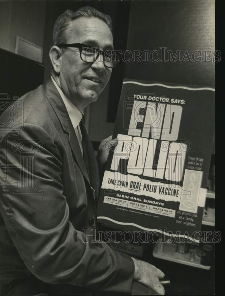 1963, Howard Strevel of U.S. Steel Workers with polio poster, Alabama - Historic Images