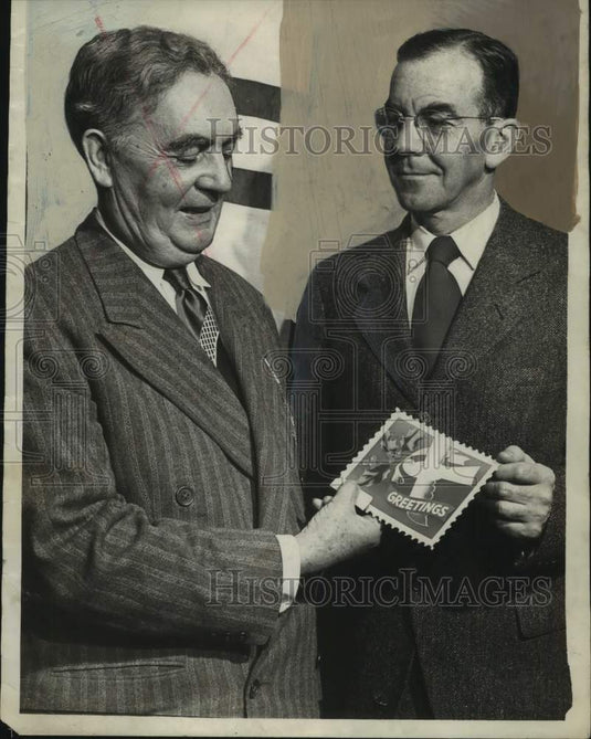 1950, Dr. George Stuart, right, & Harwell G. Davis, left with stamp - Historic Images