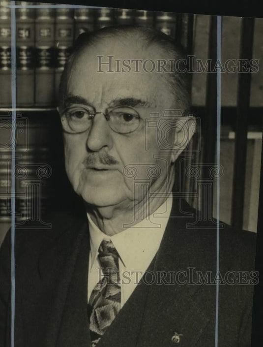 1942, Judge Charles Russell Bucks, closeup, in front of bookcase - Historic Images