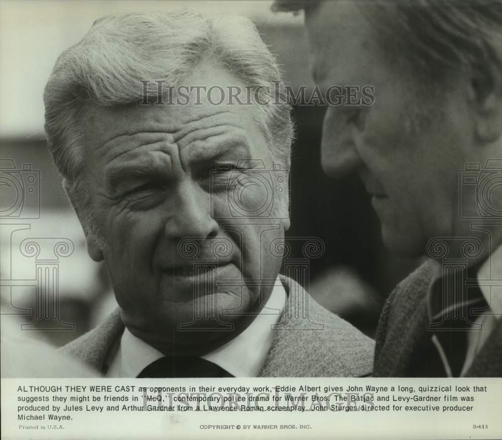 1976 Press Photo Actors Eddie Albert, John Wayne promo shot for &quot;McQ&quot; - Historic Images