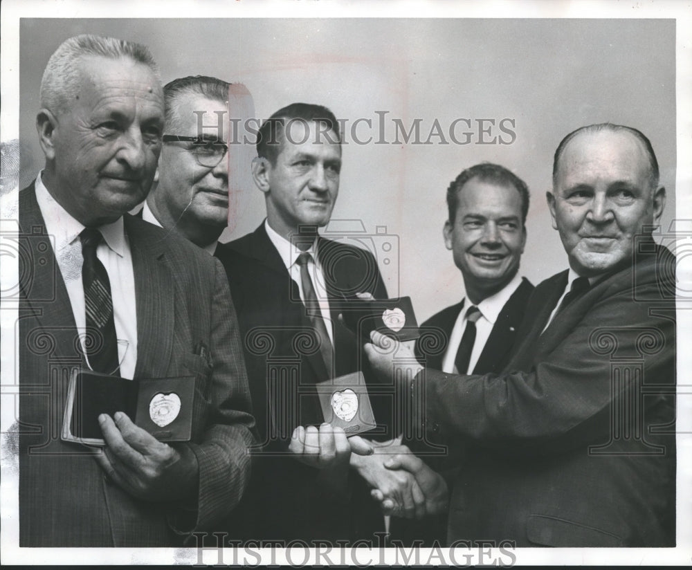 1966, Retiring City Detectives Hold Badges - abno01808 - Historic Images