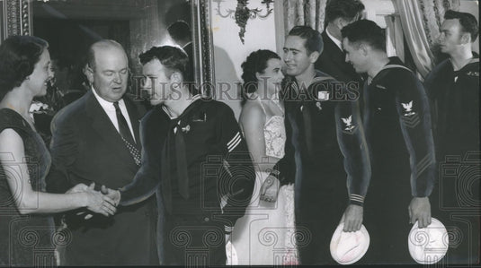 1955, Governor and Mrs. James E. Folsom shake hands of Navy Airmen - Historic Images