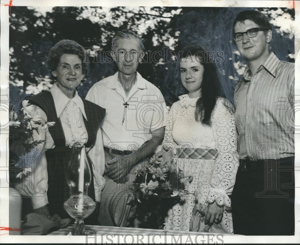 1970, Debutante Nell Waite with parents at farm party in Helena - Historic Images