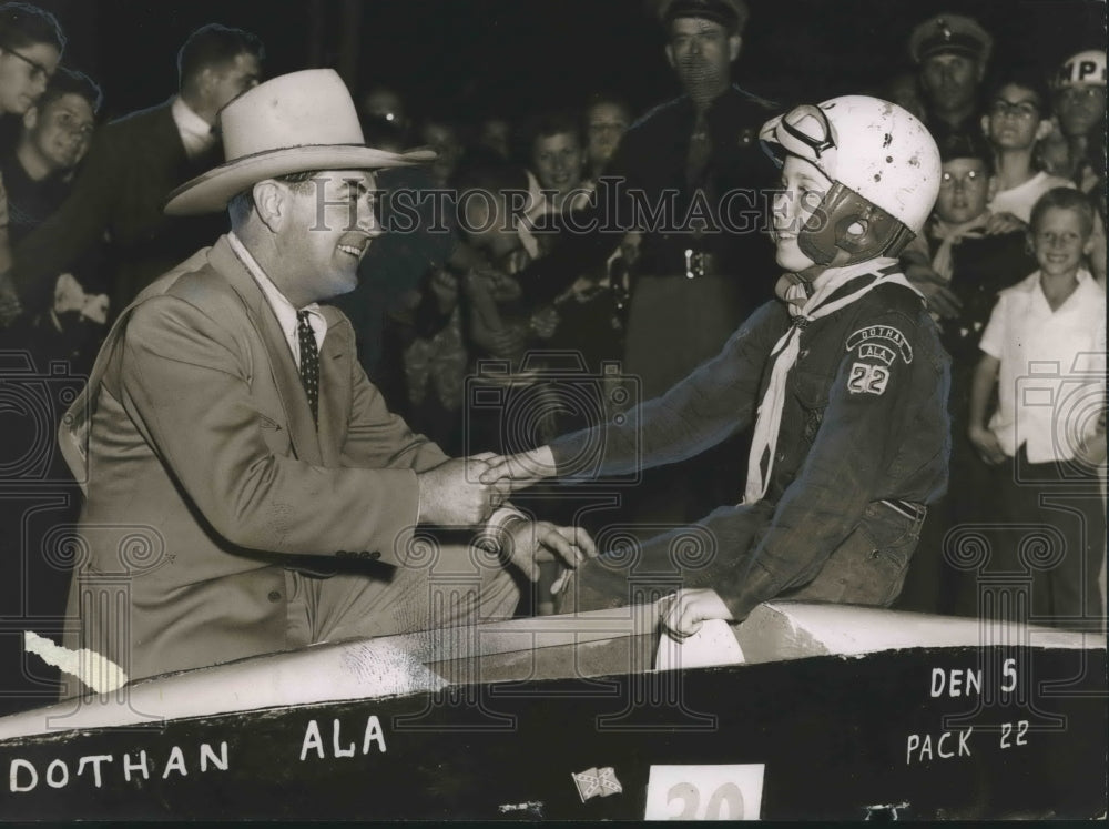 1953, David Scarborough, wins soap box derby, with Johnny Mack Brown - Historic Images