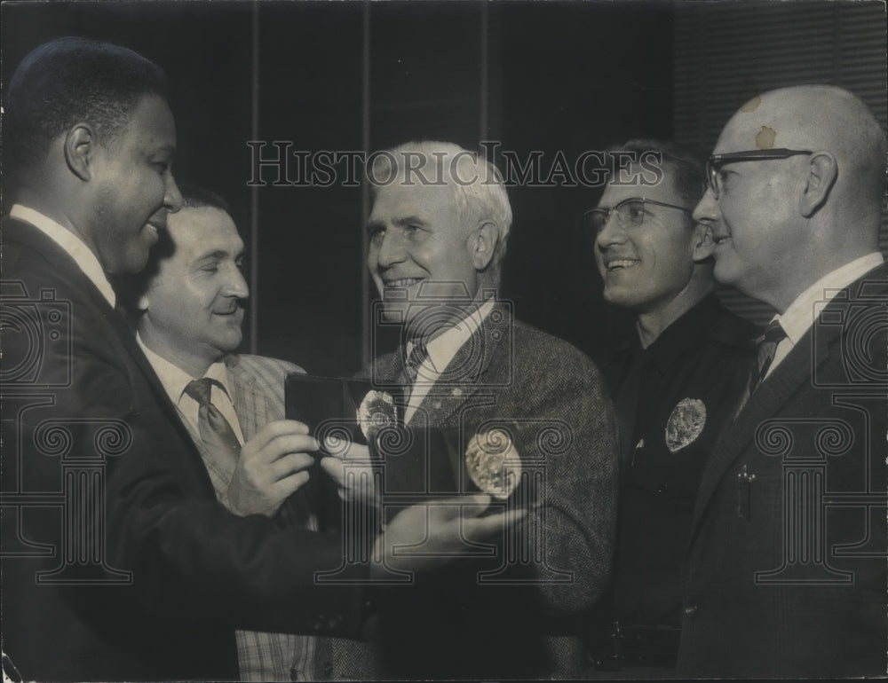 1970, Birmingham Mayor George Seibels gives badges to new police - Historic Images