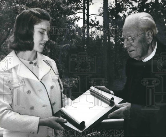 1969, Mrs. Royal Miree Jr., Father Patrick O'Neill with scroll, AL - Historic Images