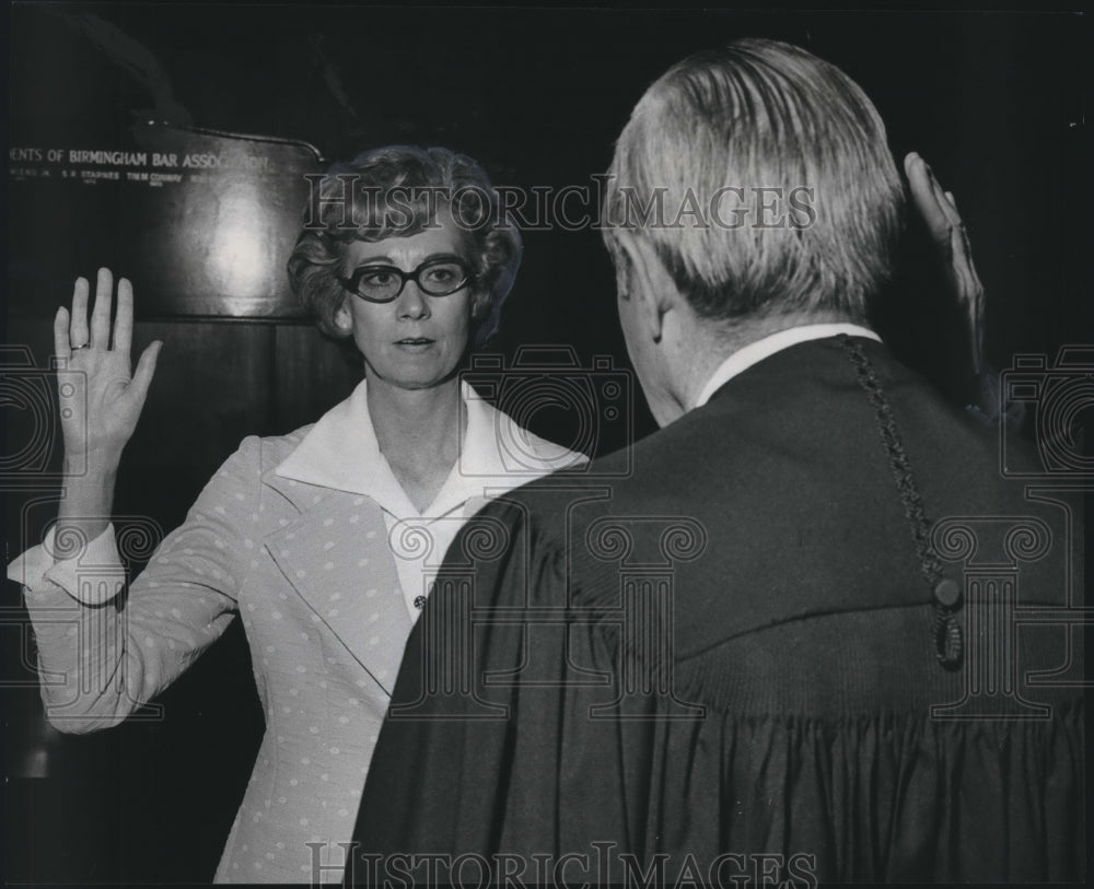 1974, Country Treasurer Mrs. Geneva Phillips Moore sworn in by Judge - Historic Images