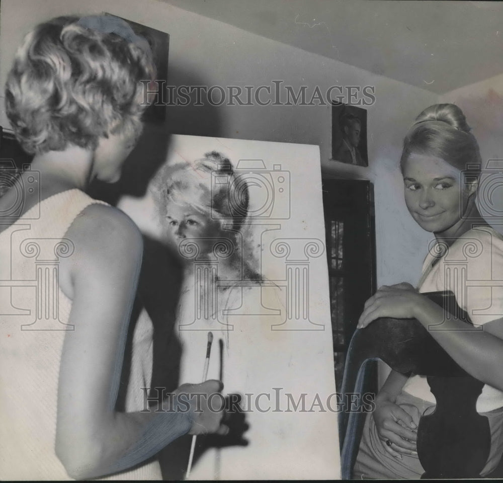 1963, Artist Cookie Keith Paints While Pam Kaul Models For Her - Historic Images