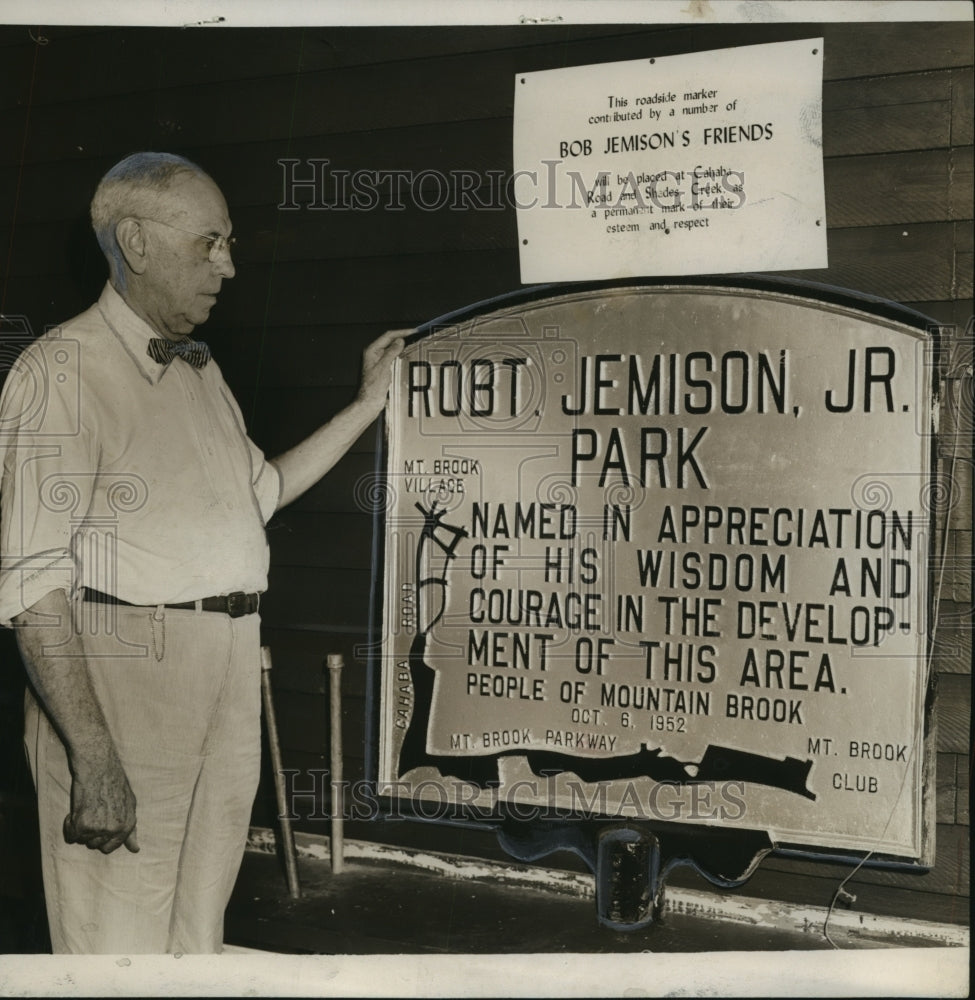 1952, Robert Jemison Jr. Stands By Roadside Marker for Jemison Park - Historic Images