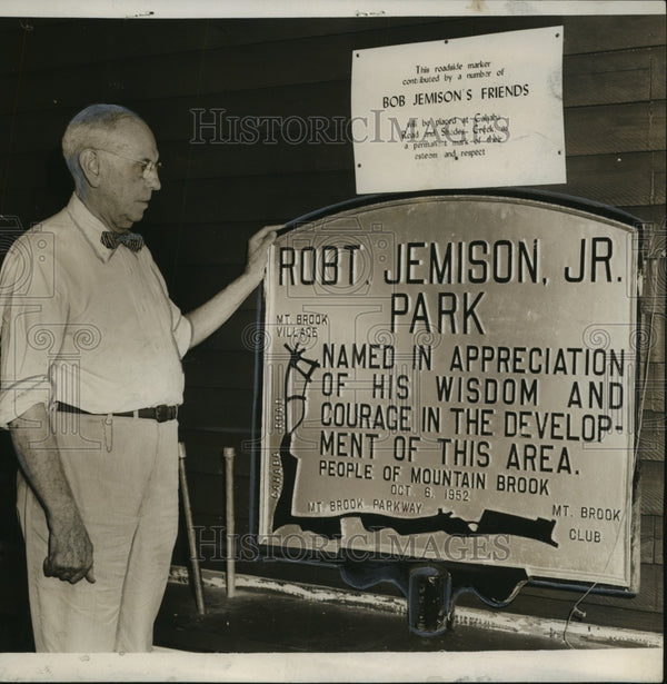 1952, Robert Jemison Jr. Stands By Roadside Marker for Jemison Park