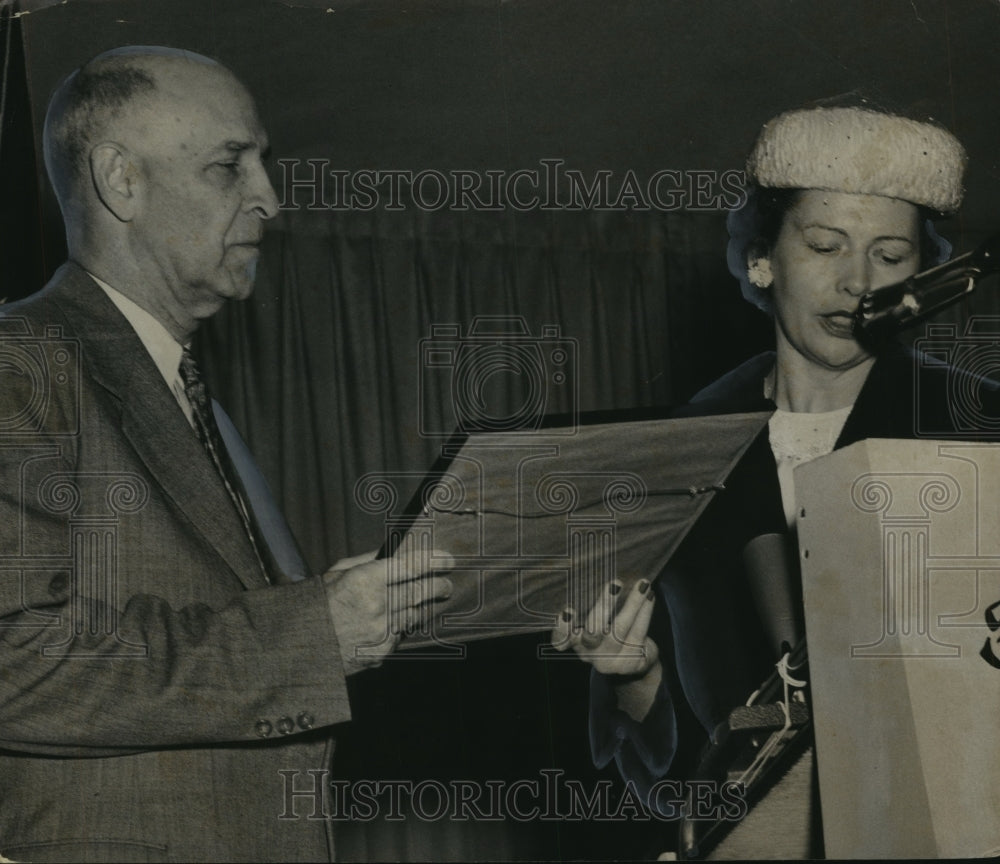 1957, Mrs. Jean Hoffman Presents Certificate to Senator Lister Hill - Historic Images