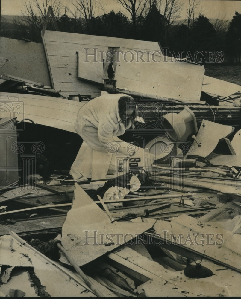 1975, Jamie Sylvester Searches Through Wreckage of Tornado, Alabama - Historic Images