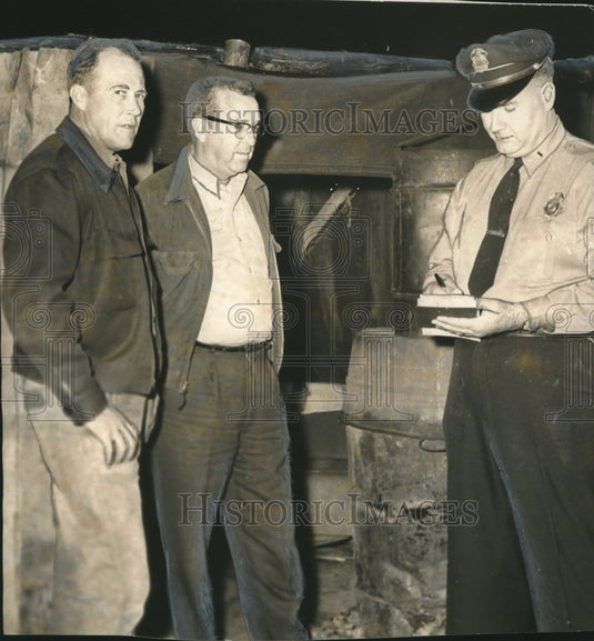 1951, Picketers Talk to Police Officer after Explosion - abno11223 - Historic Images