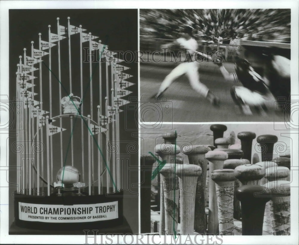 1983 Press Photo Baseball Bats, Action And The World Series Championship Trophy- Historic Images