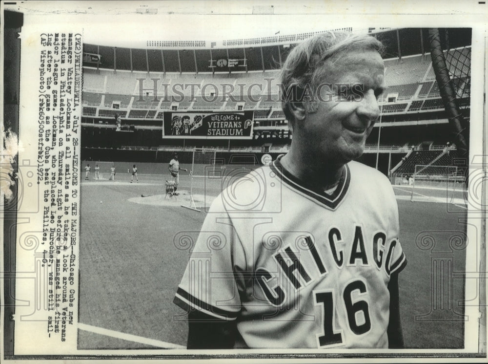 1972 Press Photo Chicago Cubs Manager Whitey Lockman at Vetrans Stadium - Historic Images