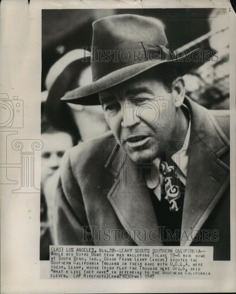 1947 Press Photo Frank Leahy scouting the Southern California Trojans game - Historic Images