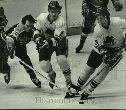 1980 Press Photo Hockey Player Gordie Wappel with Others in hockey game- Historic Images
