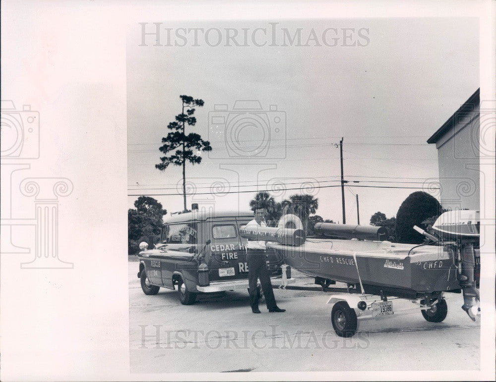 1969 Cedar Hammock FL Volunteer Fire Dept Rescue Boat &amp; Truck Press Photo - Historic Images