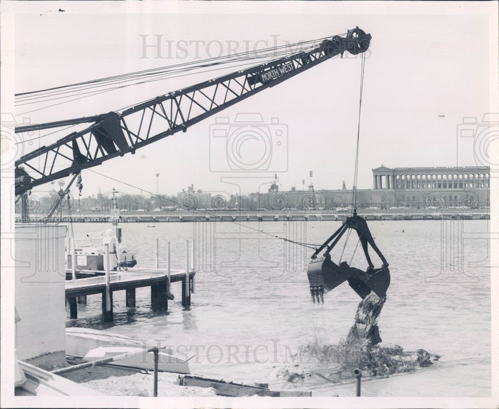 1959 Chicago IL Burnham Park Boat Ramp Crane Cleans Off Sludge Press Photo - Historic Images