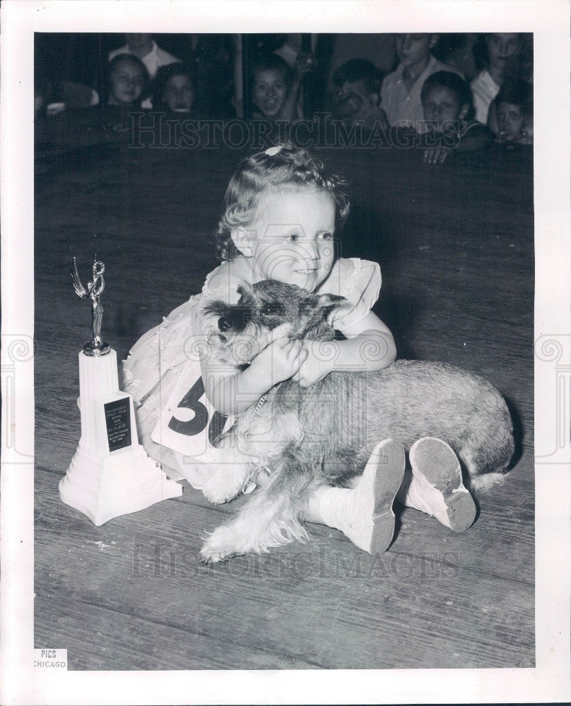 1956 Chicago Free Fair Cutest Pet Winner Kathy Hamaj &amp; Schnauzer Press Photo - Historic Images