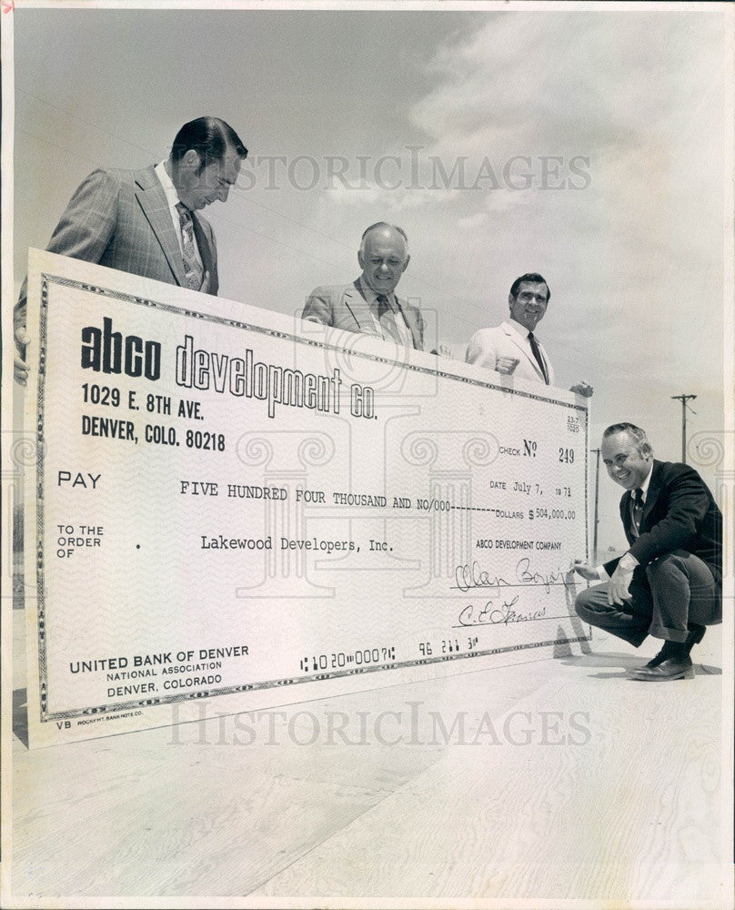 1971 Soda Lake, Colorado ABCO Dev Co Check to Lakewood Developers Press Photo - Historic Images