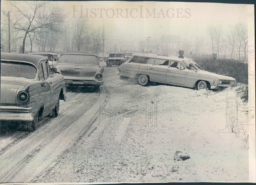 1963 Hometown, Illinois Car in Ditch on Wintry Road Press Photo - Historic Images