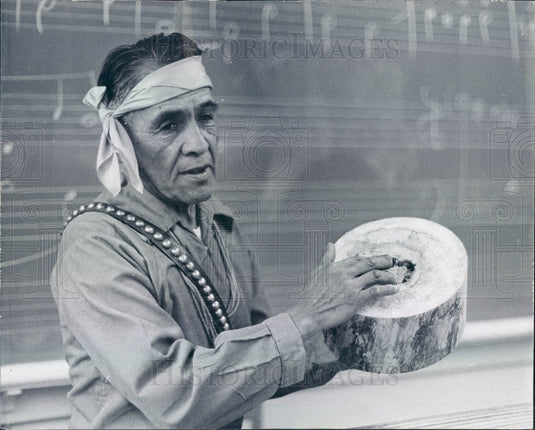 1971 Cochiti Pueblo, NM Juan Melchor Makes Drum from Aspen Log Press Photo - Historic Images