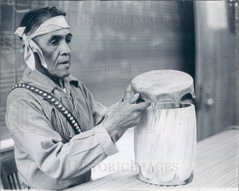1971 Cochiti Pueblo, NM Juan Melchor Makes Drum from Aspen Log Press Photo - Historic Images