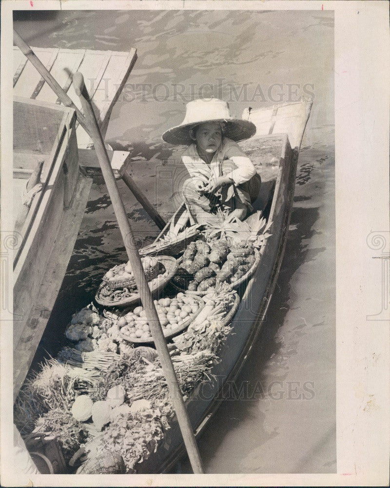 1969 Damnoen Saduak, Thailand Floating Market, Young Vendor on Klong Press Photo - Historic Images