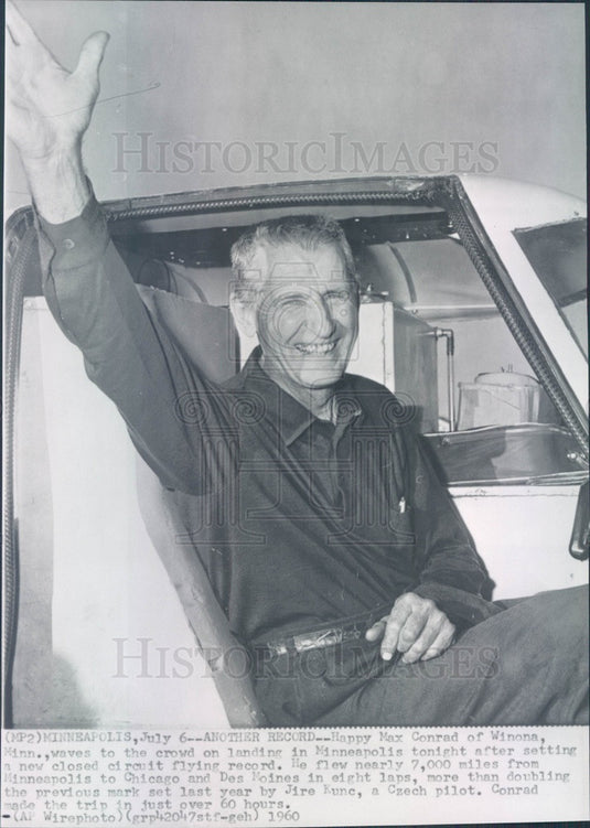 1960 US Aviator Max Conrad, The Flying Grandfather, Light Plane WRH Press Photo - Historic Images