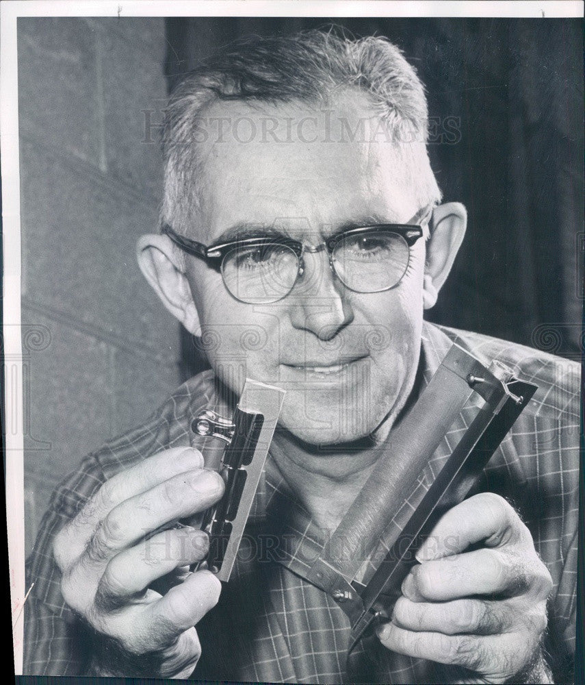 1959 Denver, CO Inventor Clarence Love & Fletching Tool Invention Press Photo - Historic Images