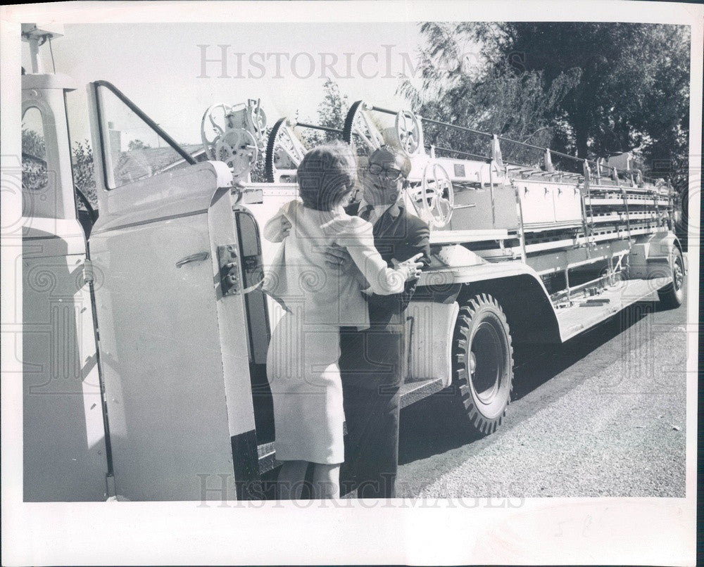 1967 Boulder, CO Mrs Thaddaeus Grahame & Fire Truck Birthday Gift Press Photo - Historic Images