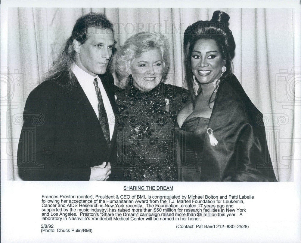 1992 Singers Michael Bolton & Patti LaBelle with BMI CEO Preston Press Photo - Historic Images