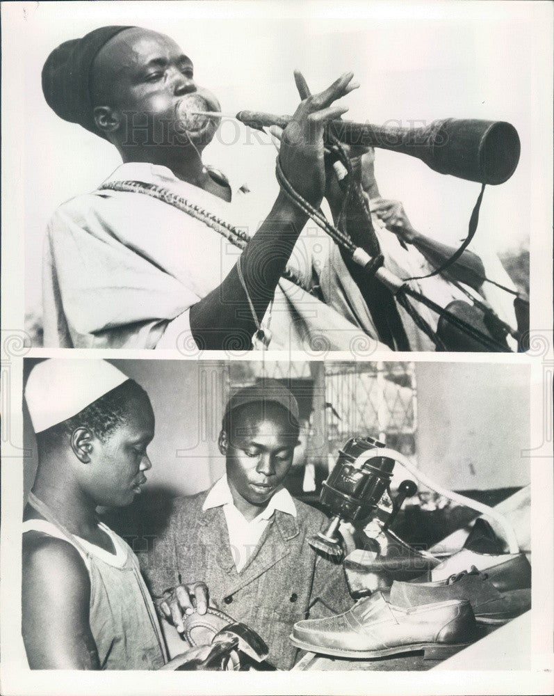 1960 Nigeria, Tribal Trumpeter &amp; Shoe Repairmen Press Photo - Historic Images