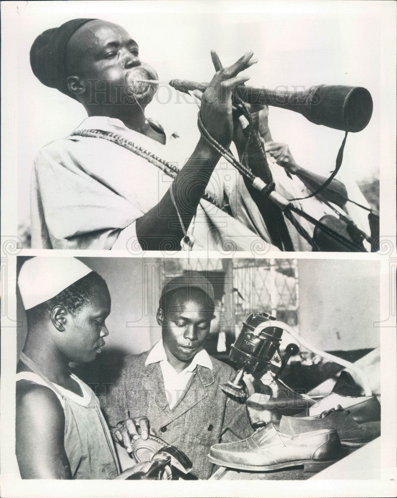 1960 Nigeria, Tribal Trumpeter & Shoe Repairmen Press Photo - Historic Images