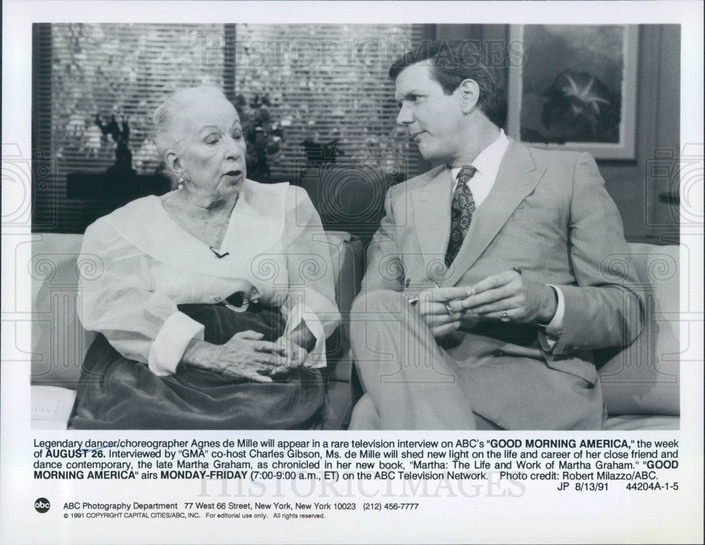 1991 Dancer & Choreographer Agnes de Mille & Charles Gibson Press Photo - Historic Images