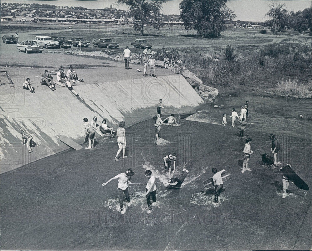 1965 Denver, Colorado Bear Creek Surfboarding In Ankle-Deep Water Press Photo - Historic Images