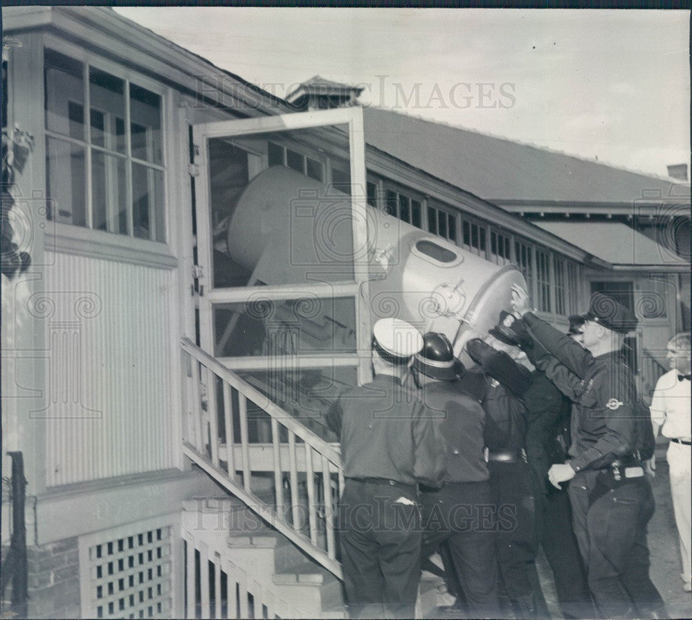 1937 Denver, CO Iron Lung Flown in for Polio Victim, Firemen Press Photo - Historic Images