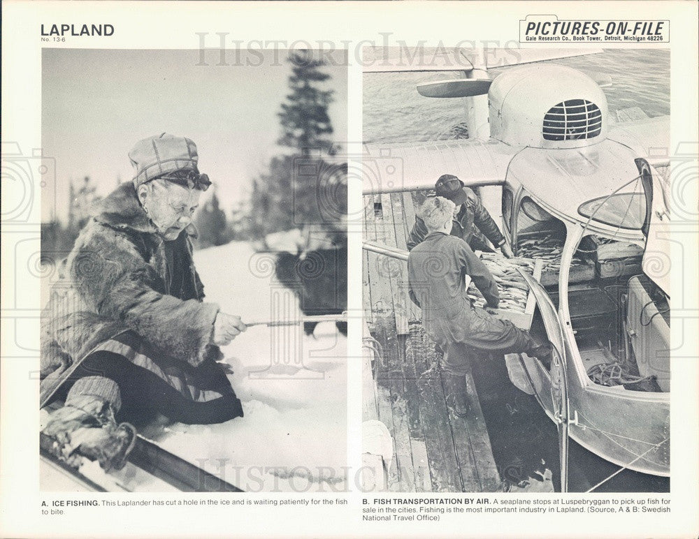 1967 Lapland, Ice Fishing, Seaplane Picking Up Fish at Luspebryggan Press Photo - Historic Images