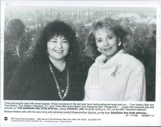 1989 Actress Roseanne Barr & Broadcast Journalist Barbara Walters Press Photo - Historic Images