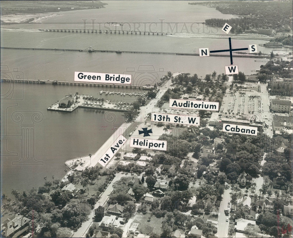 1960 Bradenton, Florida Aerial View, Green Bridge, Cabana Motel Press Photo - Historic Images