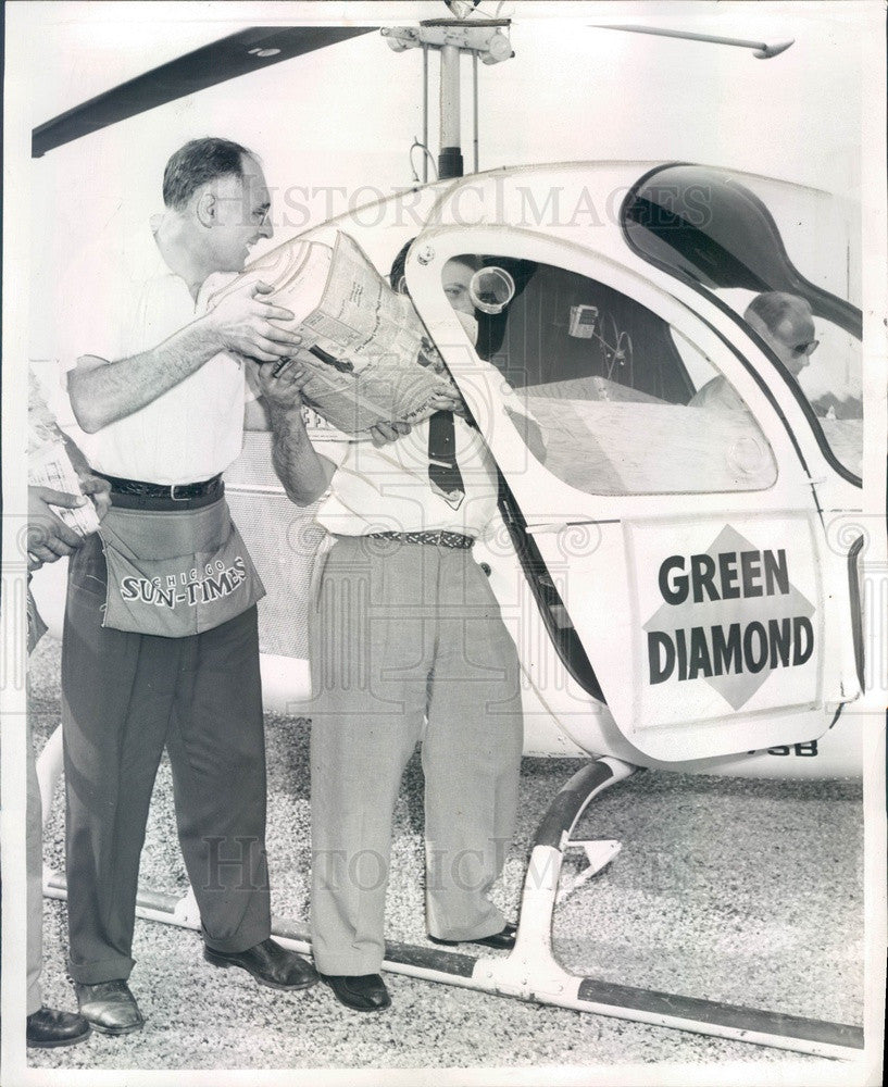 1956 Chicago, IL Sun-Times Helicopter Loaded With Green Diamond Press Photo - Historic Images