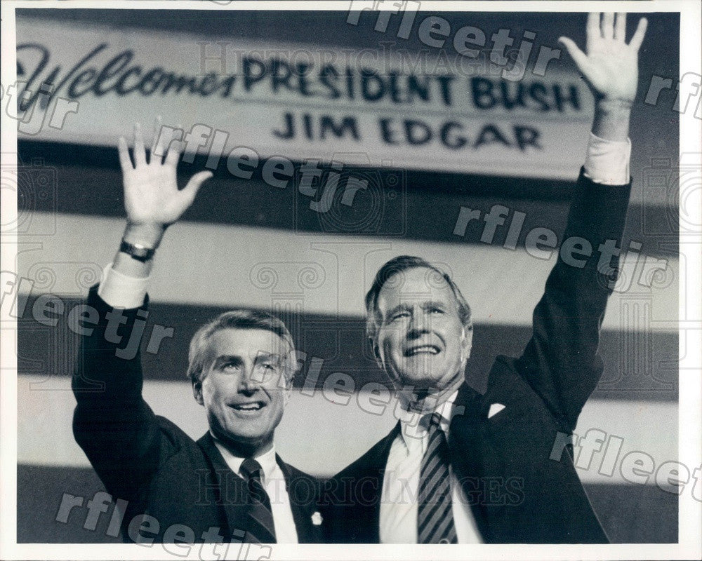 1990 US President George Bush &amp; IL Sec of State Jim Edgar Press Photo adv381 - Historic Images