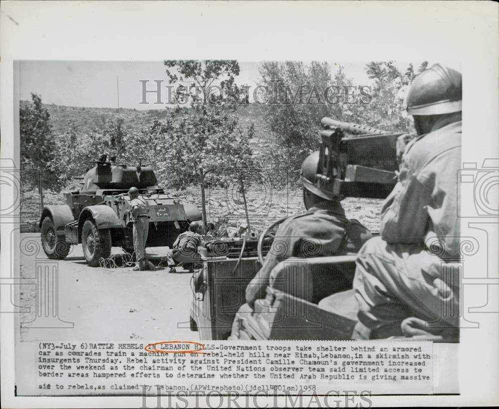 1958 Press Photo Government Troops and Armored Cars Near Einab, Lebanon- Historic Images