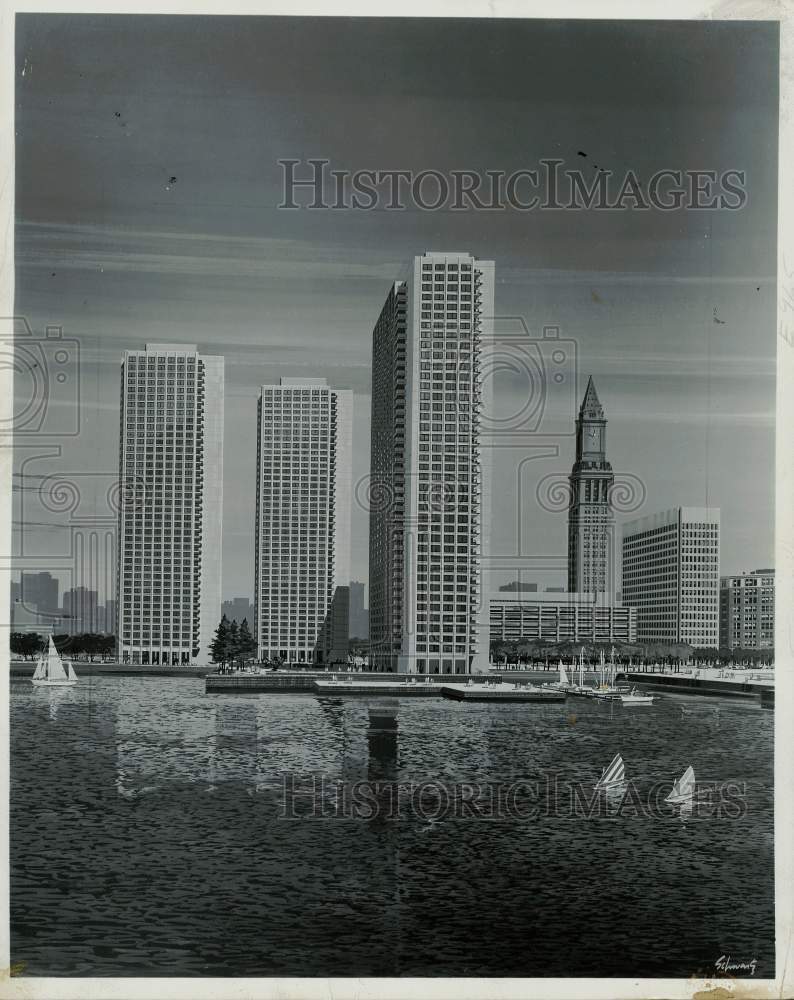 1969 Press Photo Artist&#39;s Rendering of Apartment Towers on Boston Waterfront- Historic Images